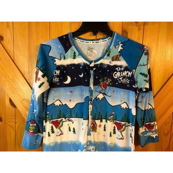 JUSTICE SLEEP X THE GRINCH GIRLS SNAP FRONT PAJAMAS SIZE Medium (5335) - Picture 2 of 7